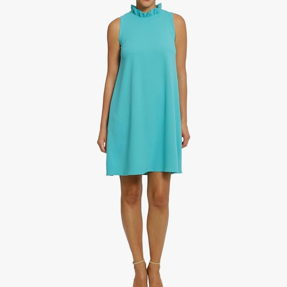 London Times Women's Ruffle Neck A-line Tie Back Dress, Baltic Blue, Small